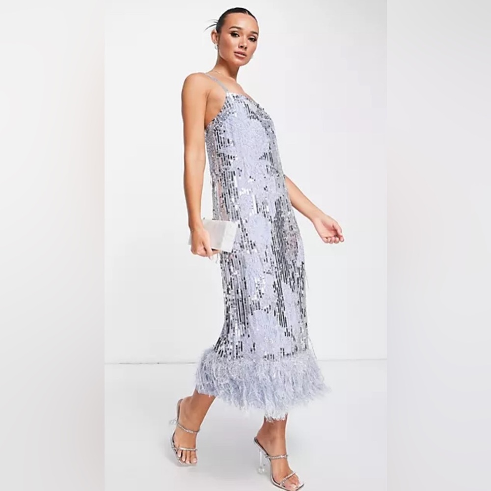 Blue sparkle embroidered dress with feather accents at bottom, Size 4/S, NWT!